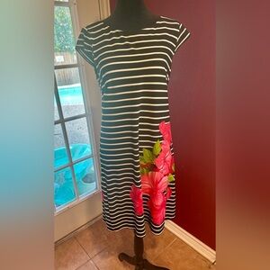 Madison Leigh Petite 12P Striped Floral Dress Black White Pink Cap Sleeve